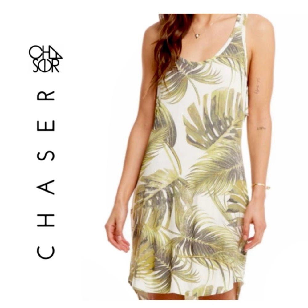 NWT Chaser Cool Jersey Ruffle Racerback Shirttail Palm Print Dress